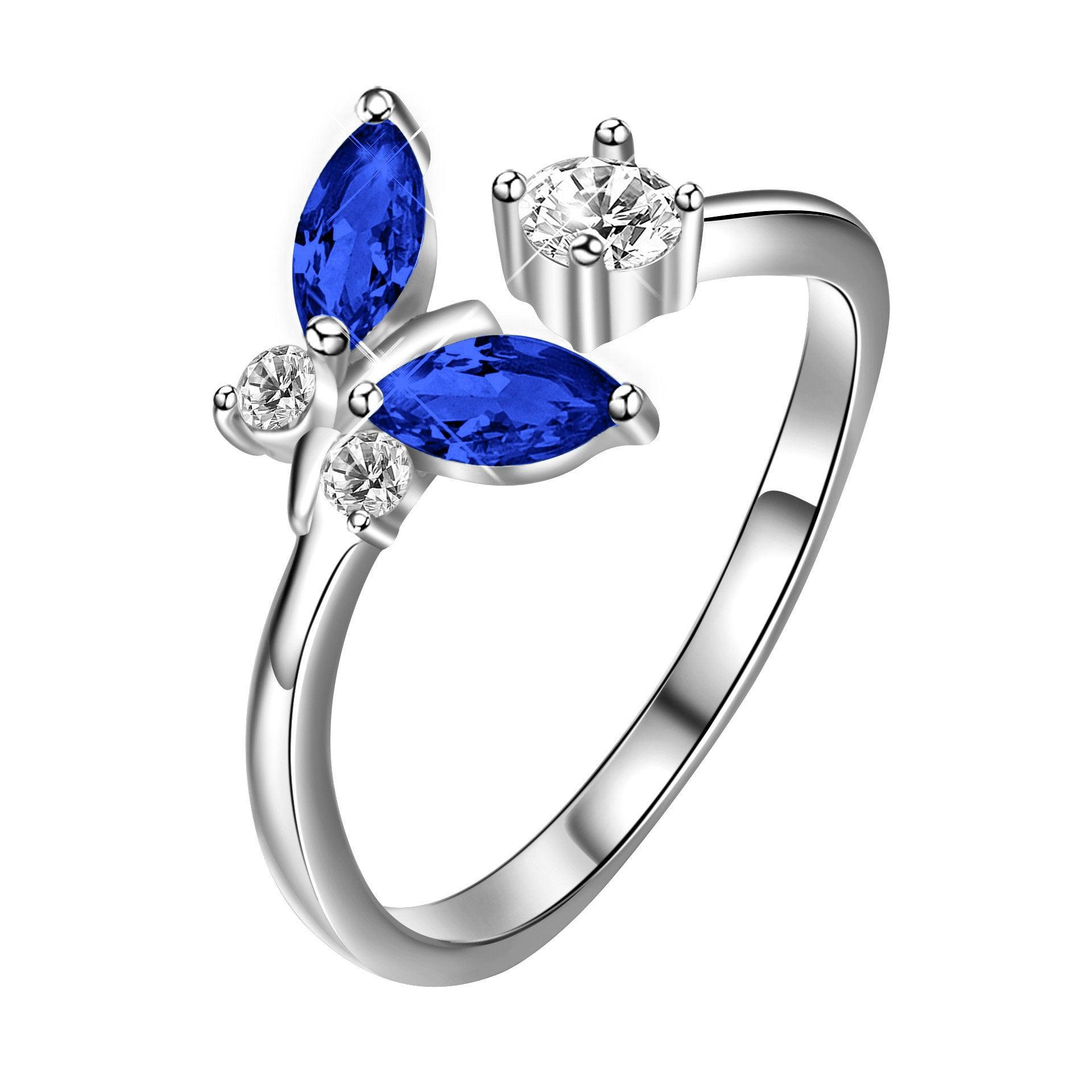 925 Sterling Silver Butterfly Ring with Sapphire Blue Crystal - Nioor