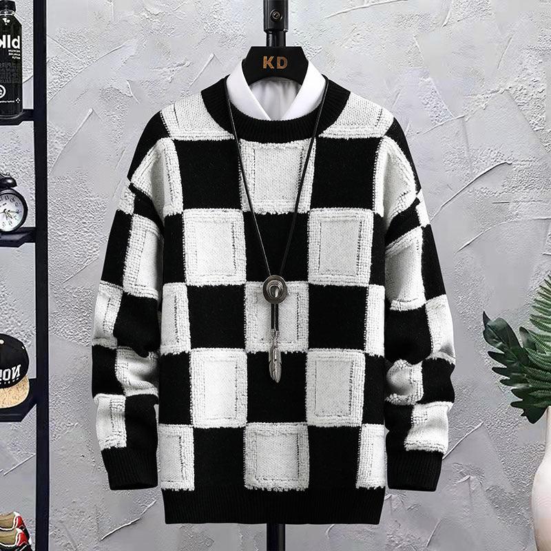 Men's Trendy Plaid Round Neck Sweater Loose - Nioor