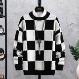 Men's Trendy Plaid Round Neck Sweater Loose - Nioor