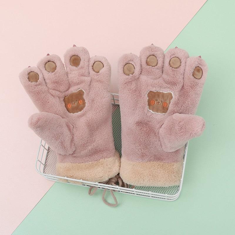 Cute Cartoon Bear Claw Plush Gloves Female Winter Warm Fleece-lined Thickened Hand-shaped Brush Road Bike Skiing - Nioor