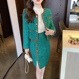 Elegant Green Tweed Coat Irregular Sheath Skirt Suit - Nioor