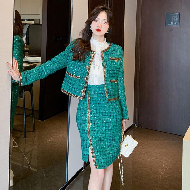 Elegant Green Tweed Coat Irregular Sheath Skirt Suit - Nioor