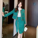 Elegant Green Tweed Coat Irregular Sheath Skirt Suit - Nioor