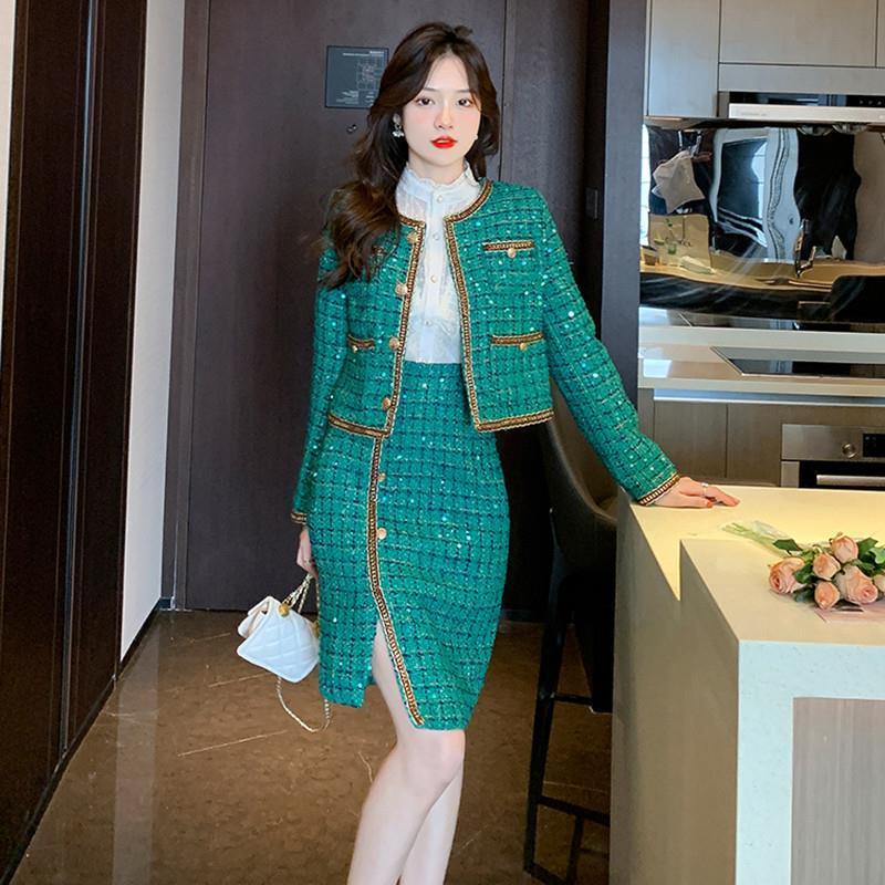 Elegant Green Tweed Coat Irregular Sheath Skirt Suit - Nioor