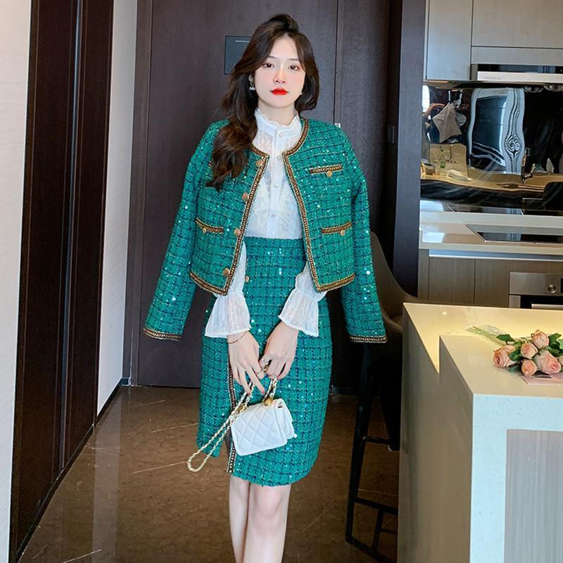 Elegant Green Tweed Coat Irregular Sheath Skirt Suit - Nioor