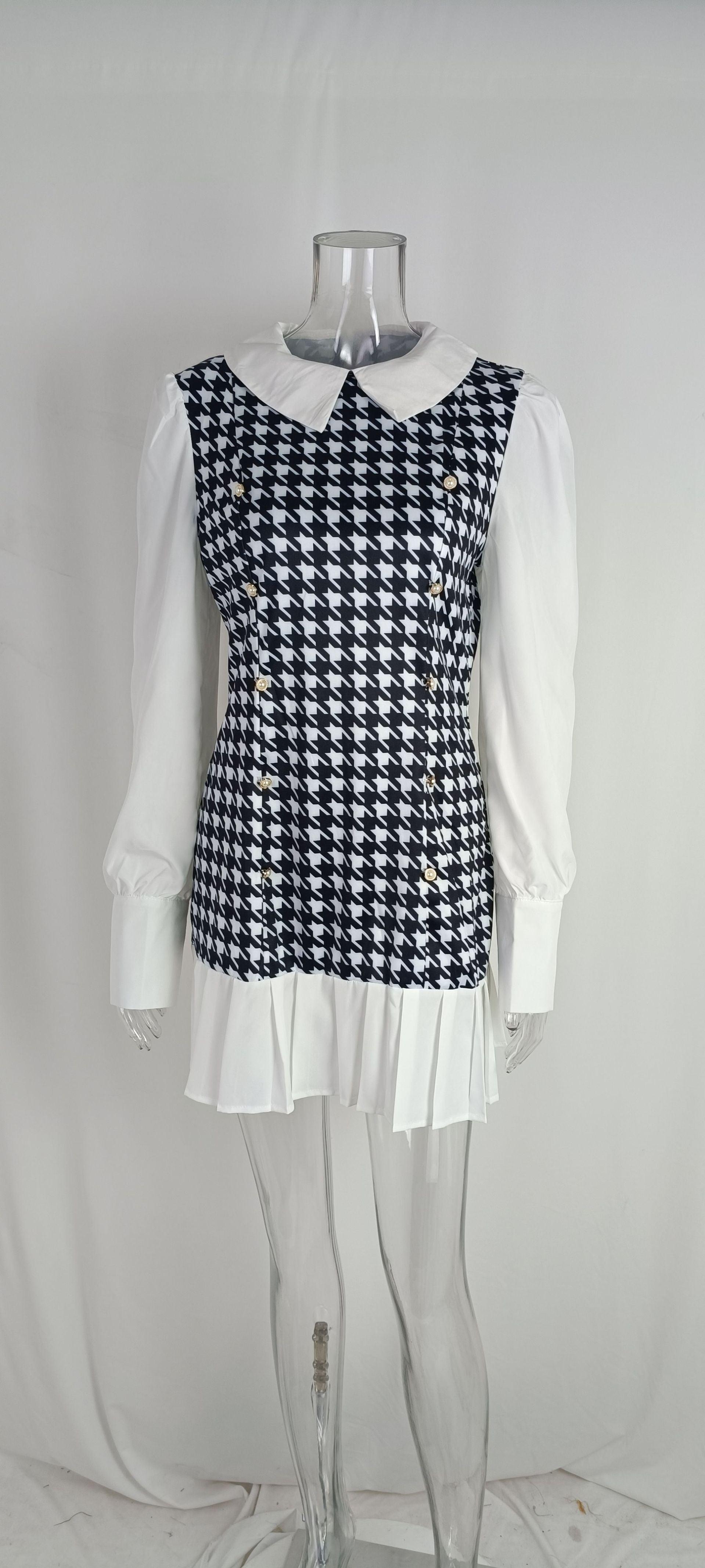 Elegant Shirt Collar Houndstooth Pleated Dress - Nioor