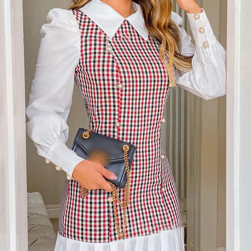 Elegant Shirt Collar Houndstooth Pleated Dress - Nioor