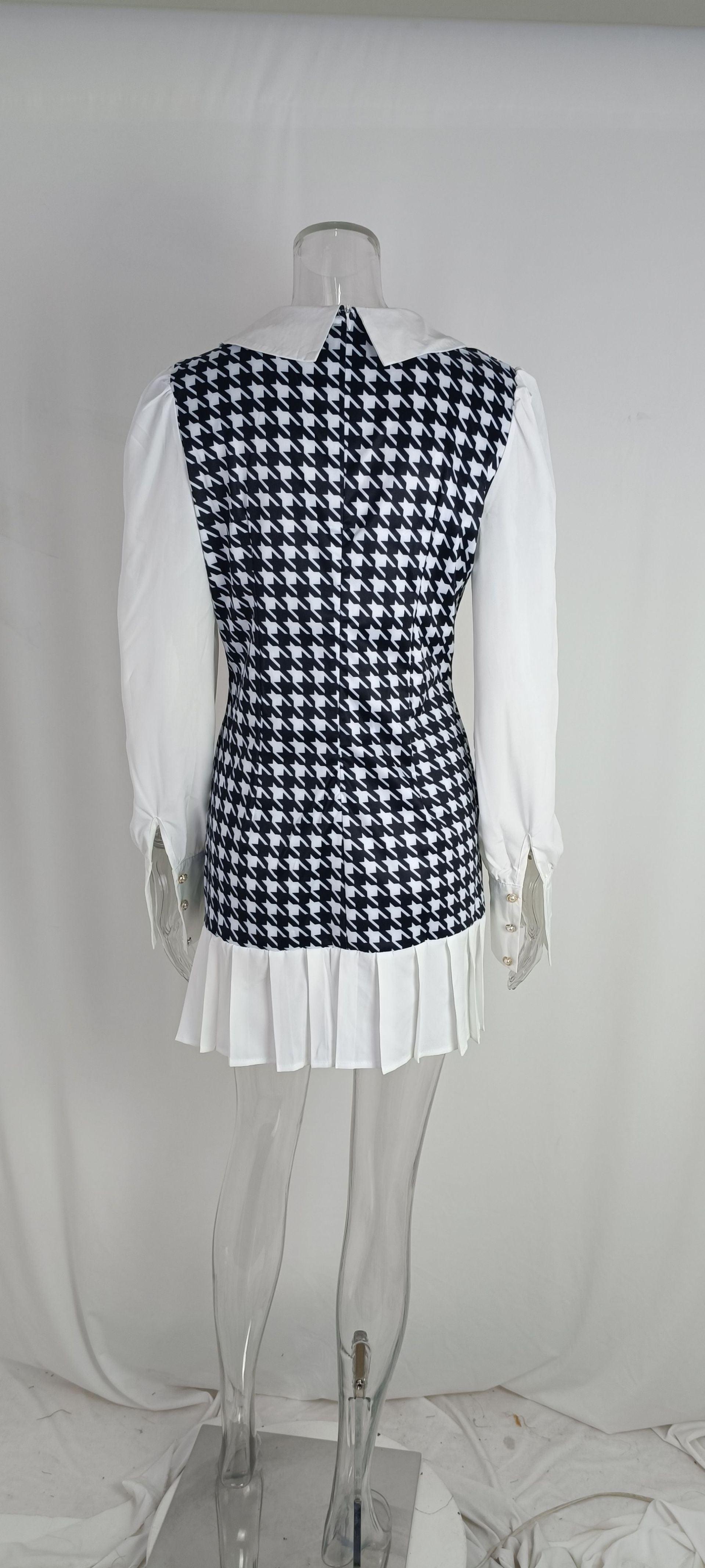 Elegant Shirt Collar Houndstooth Pleated Dress - Nioor