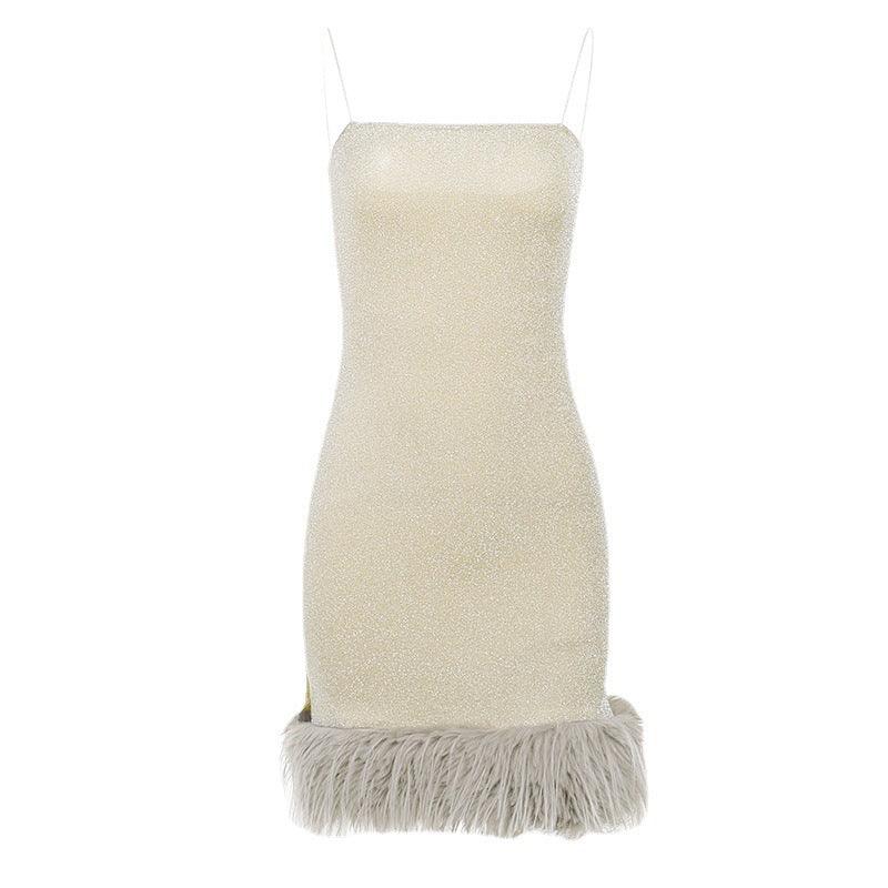 Elegant Slim-fit Shiny Fabric Furry Suspender Dress - Nioor