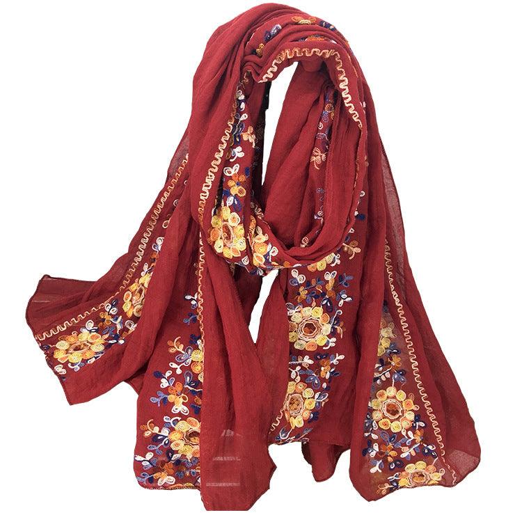 Embroidered Cotton And Linen Scarf Shawl - Nioor