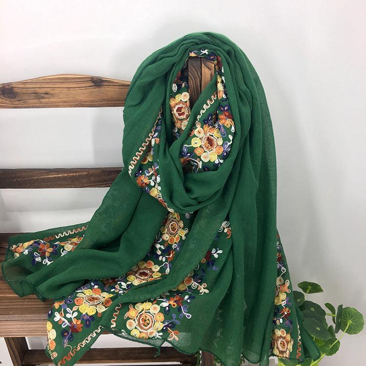 Embroidered Cotton And Linen Scarf Shawl - Nioor