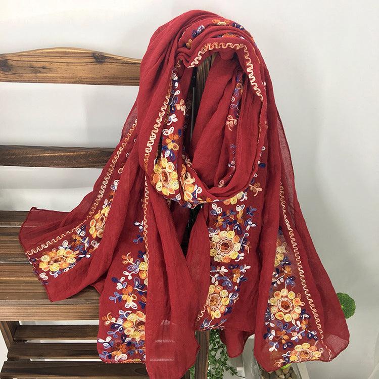 Embroidered Cotton And Linen Scarf Shawl - Nioor