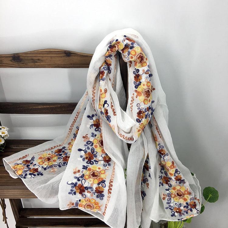 Embroidered Cotton And Linen Scarf Shawl - Nioor