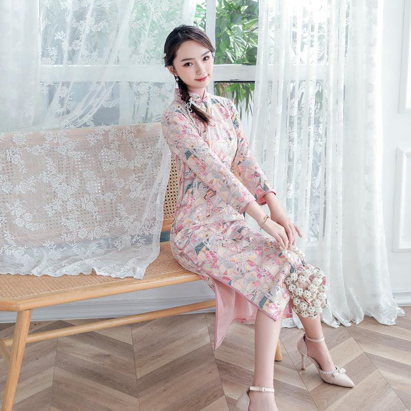 Embroidered Sequins Vintage Standing Neck Cheongsam - Nioor