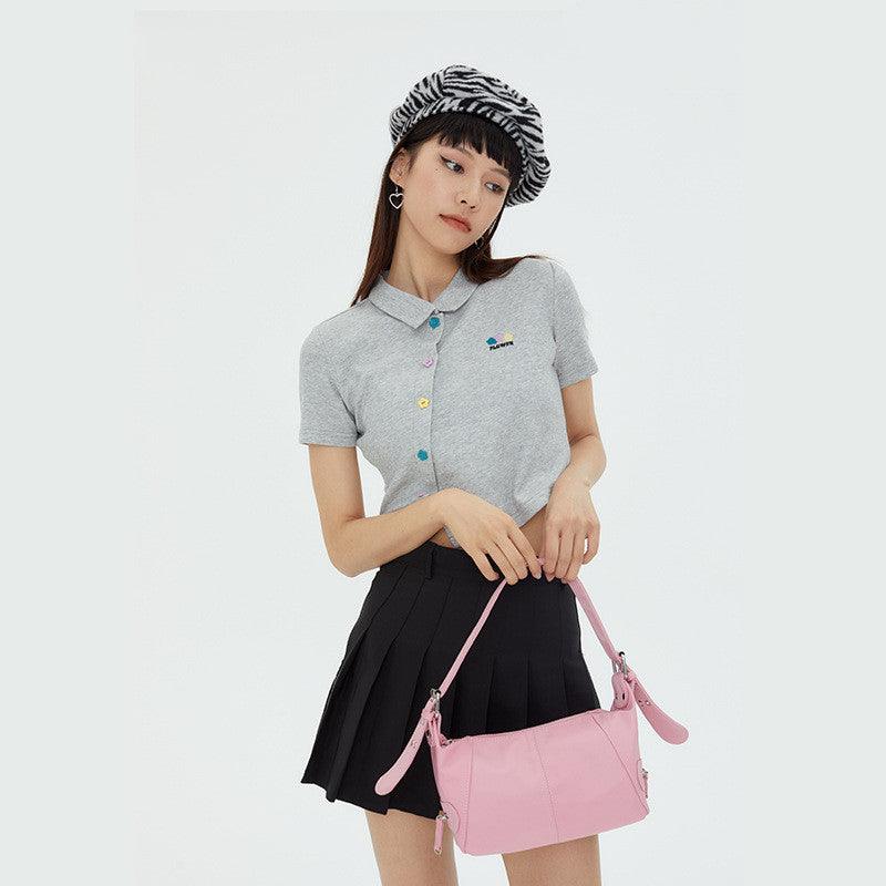 Embroidered Short Navel Polo Shirt Irregular Slit T-shirt Women - Nioor