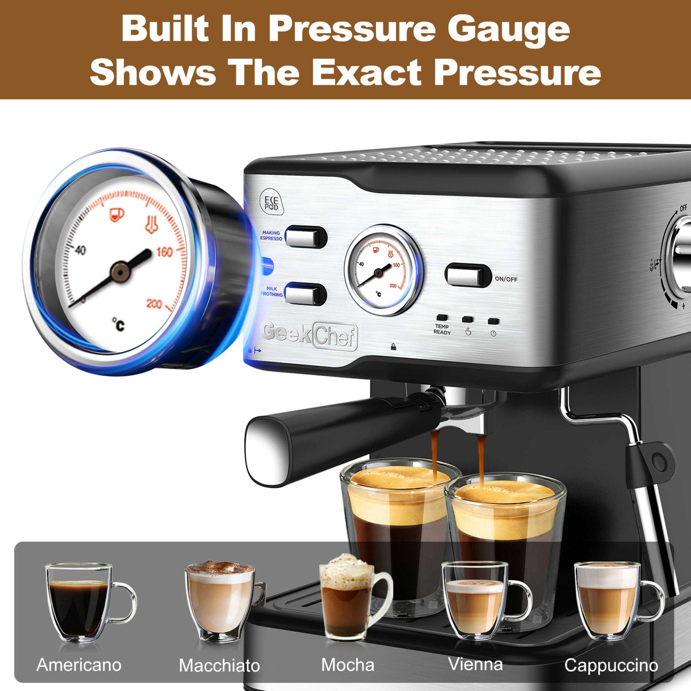 Espresso Machine 20 Bar Pressure Cappuccino Latte Maker Coffee Machine With ESE POD Filter&Milk Frother Steam Wand&thermometer, 1.5L Water Tank, Stainless Steel Espresso Ban On Amazon - Nioor