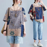 Ethnic Style Loose Round Neck Print Short Sleeve T-shirt - Nioor