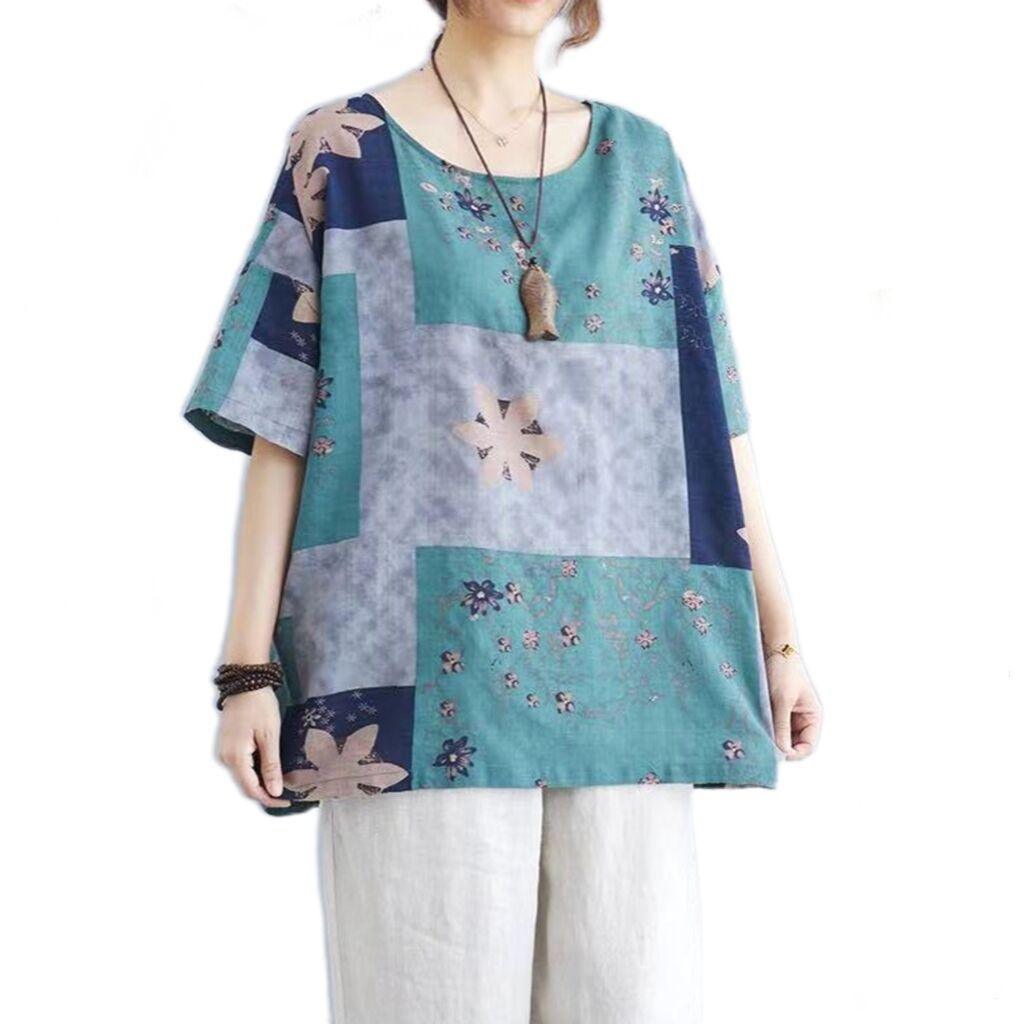 Ethnic Style Loose Round Neck Print Short Sleeve T-shirt - Nioor