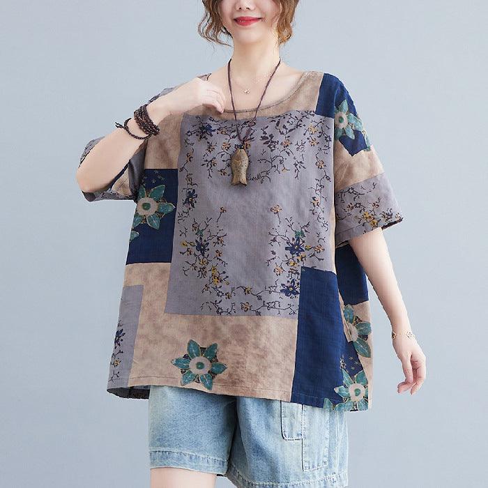 Ethnic Style Loose Round Neck Print Short Sleeve T-shirt - Nioor