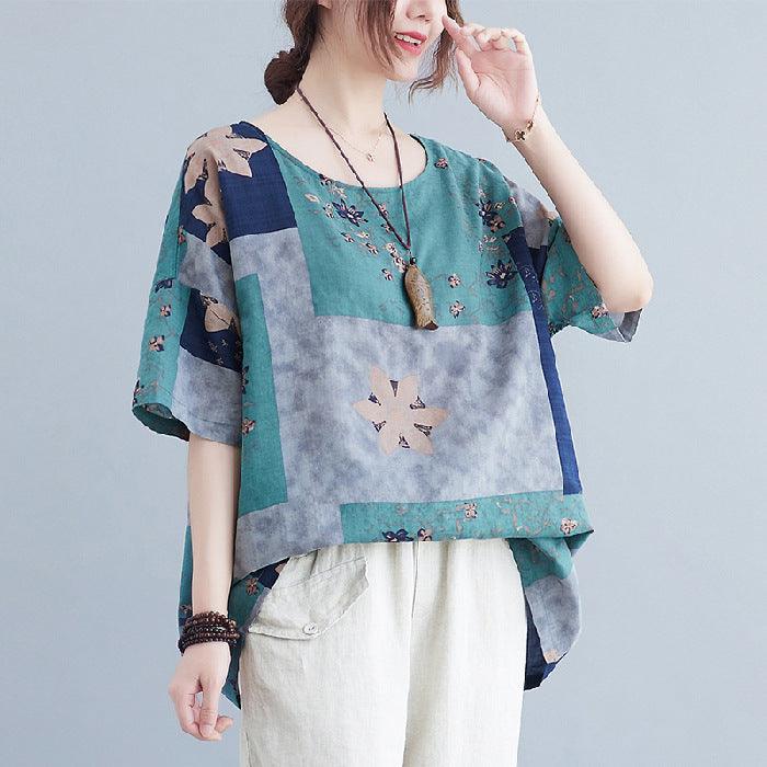 Ethnic Style Loose Round Neck Print Short Sleeve T-shirt - Nioor