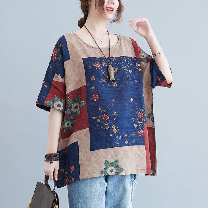 Ethnic Style Loose Round Neck Print Short Sleeve T-shirt - Nioor