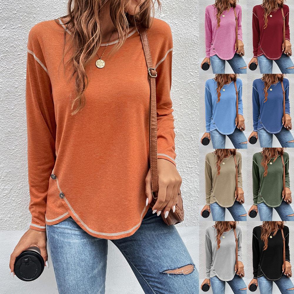 Europe And America New Women's Solid Button Irregular Edge T-shirt - Nioor