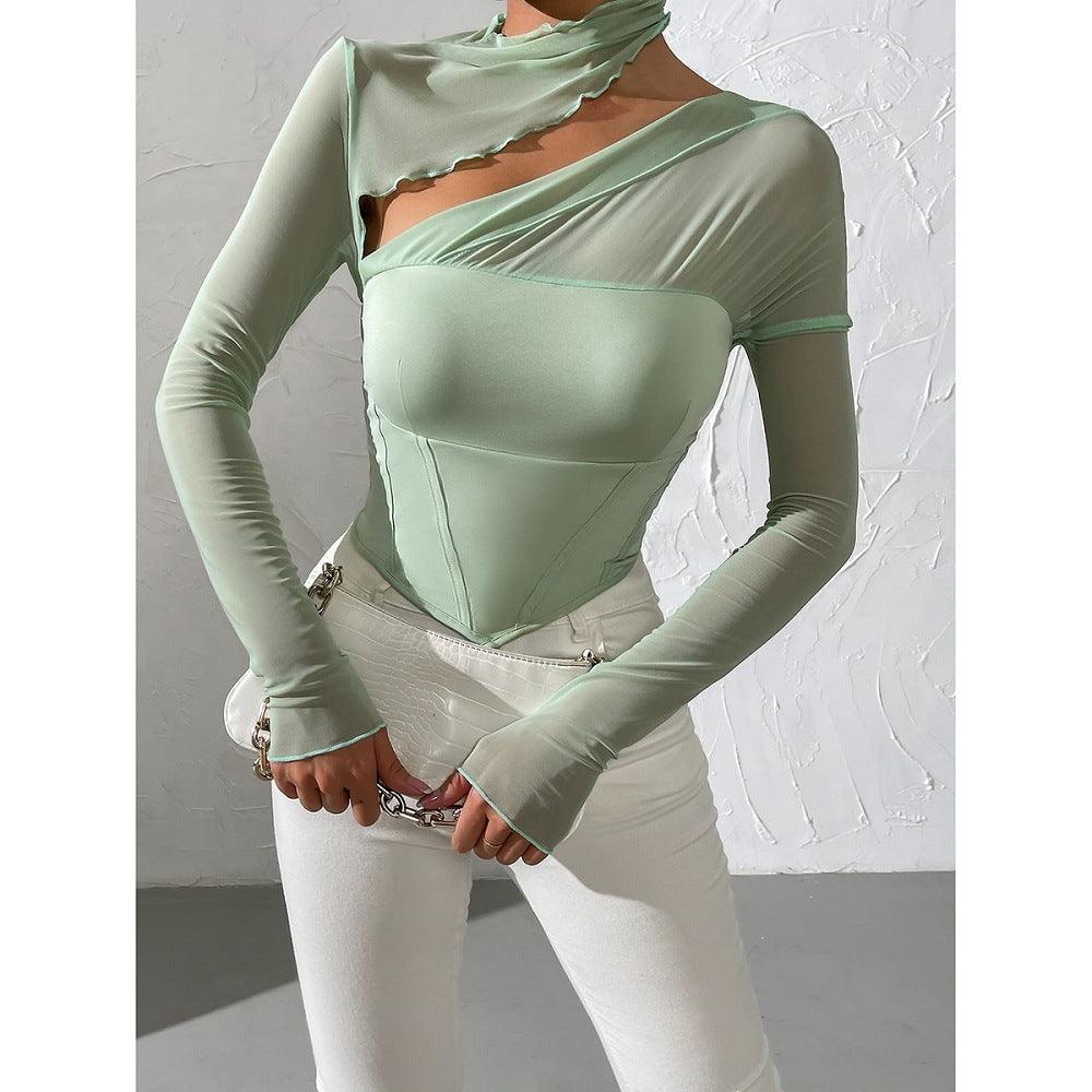 Europe And America's New Slim Fitting T-shirt Women's Mesh Splicing Hollow - Nioor