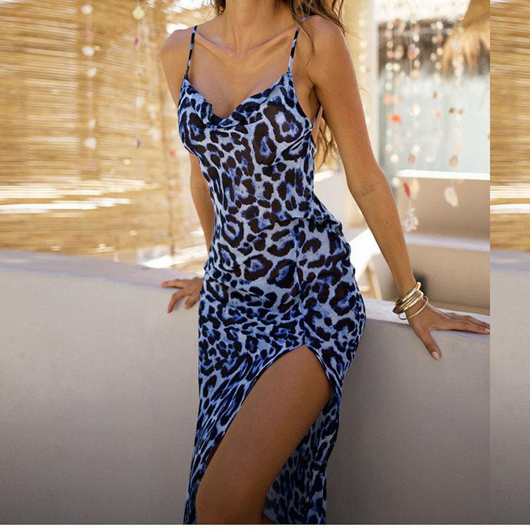 European American Summer New Beach Vacation Style Temperament Leopard Print Sexy Slit Slim-fit Suspender Dress - Nioor