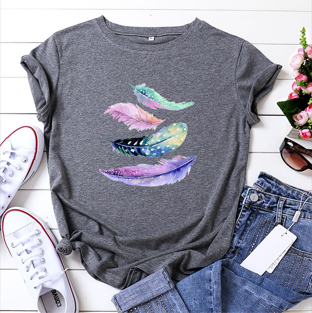 European And American Color Feather Printed Cotton Short-sleeved T-shirt - Nioor