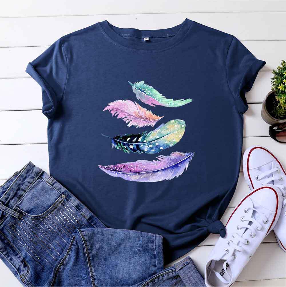 European And American Color Feather Printed Cotton Short-sleeved T-shirt - Nioor