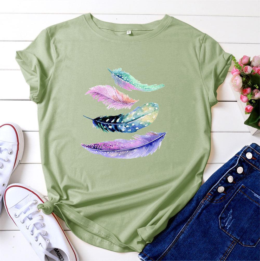 European And American Color Feather Printed Cotton Short-sleeved T-shirt - Nioor