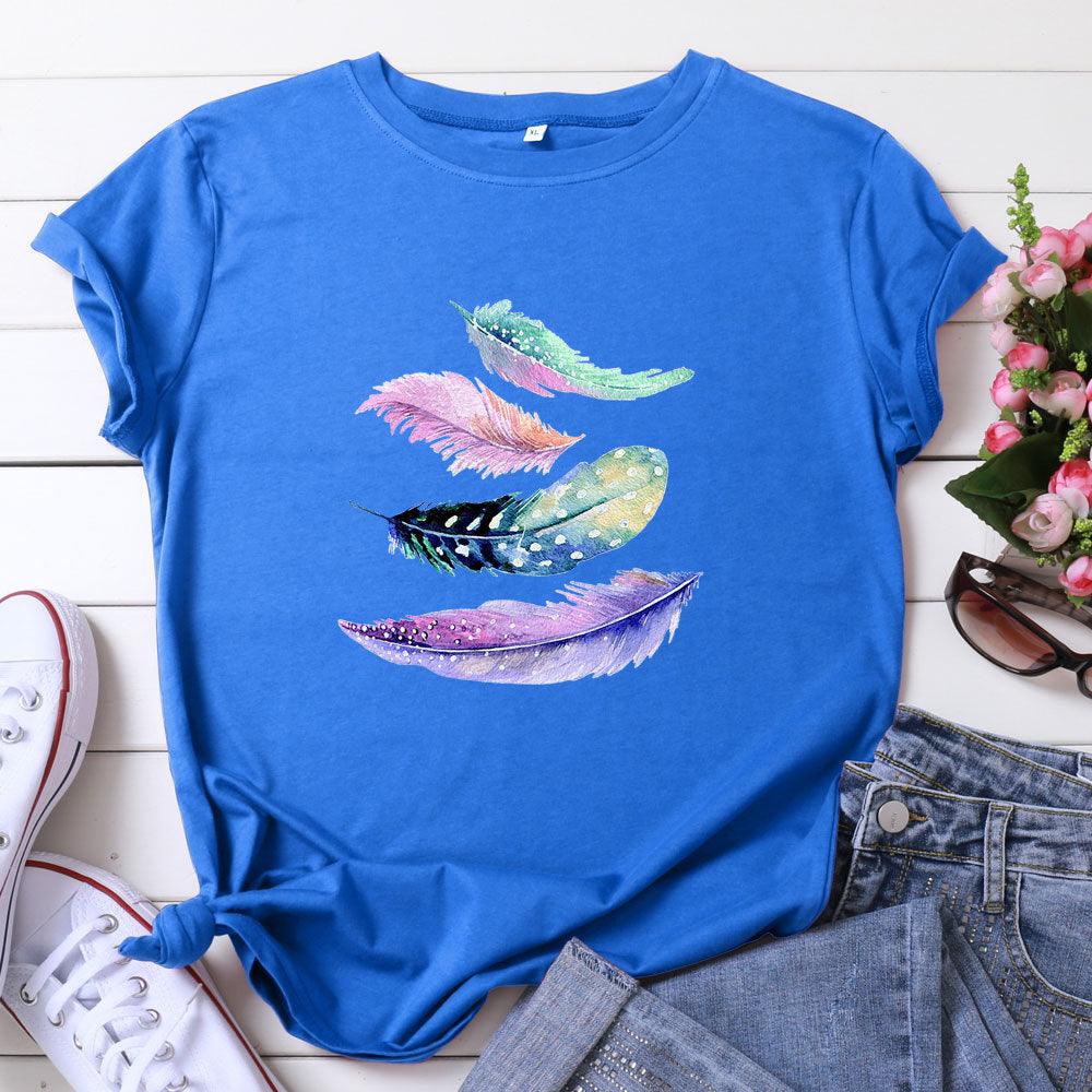 European And American Color Feather Printed Cotton Short-sleeved T-shirt - Nioor