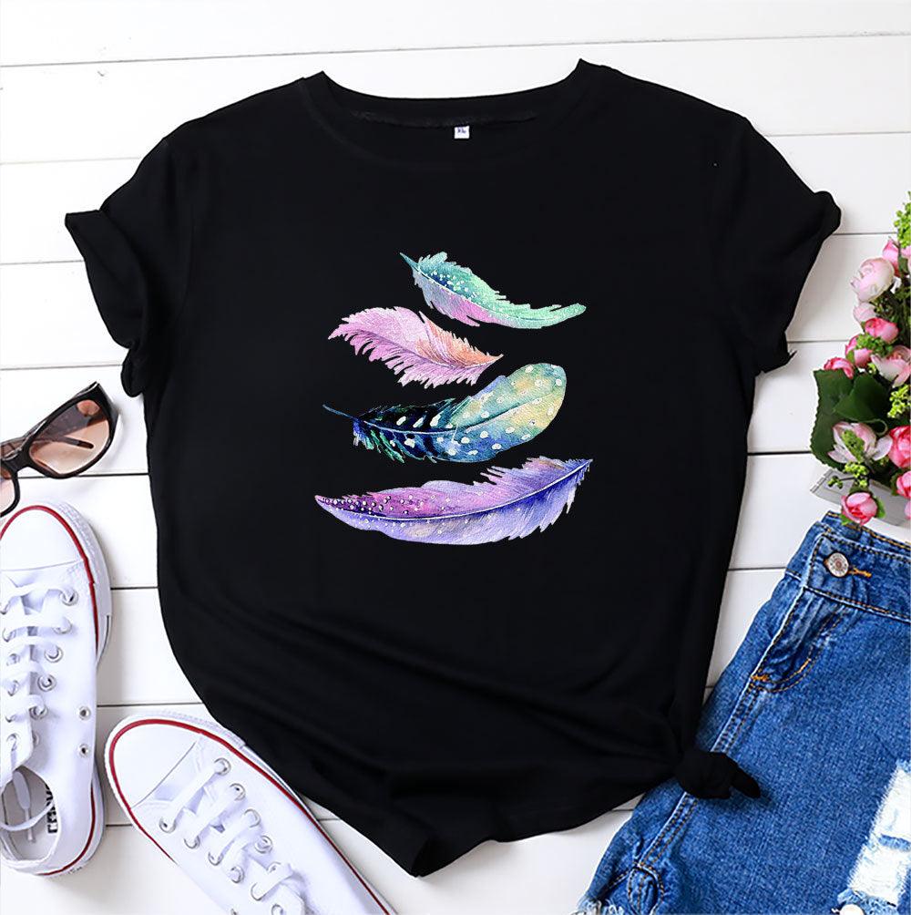 European And American Color Feather Printed Cotton Short-sleeved T-shirt - Nioor