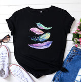 European And American Color Feather Printed Cotton Short-sleeved T-shirt - Nioor