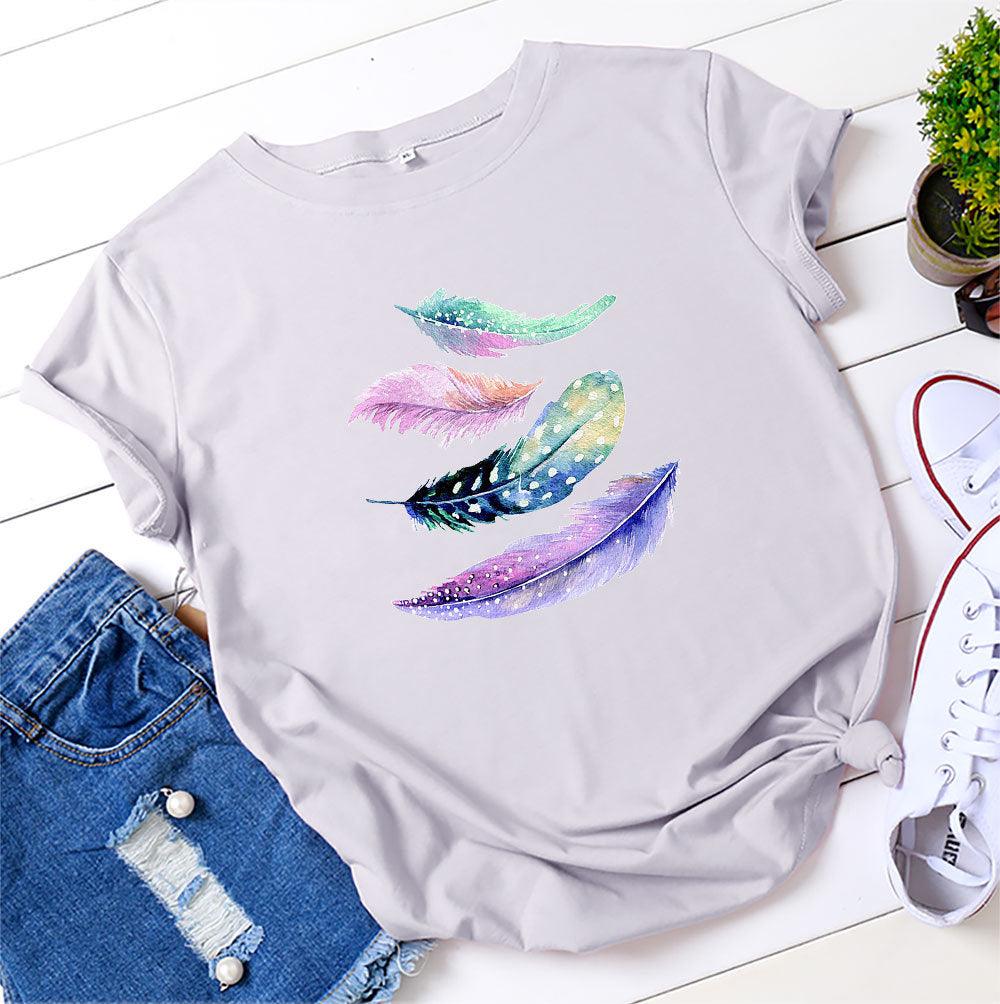 European And American Color Feather Printed Cotton Short-sleeved T-shirt - Nioor