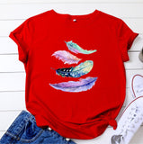 European And American Color Feather Printed Cotton Short-sleeved T-shirt - Nioor