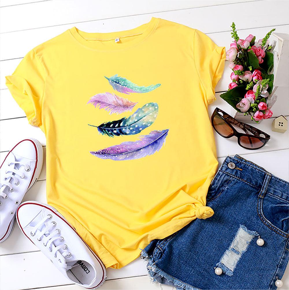 European And American Color Feather Printed Cotton Short-sleeved T-shirt - Nioor