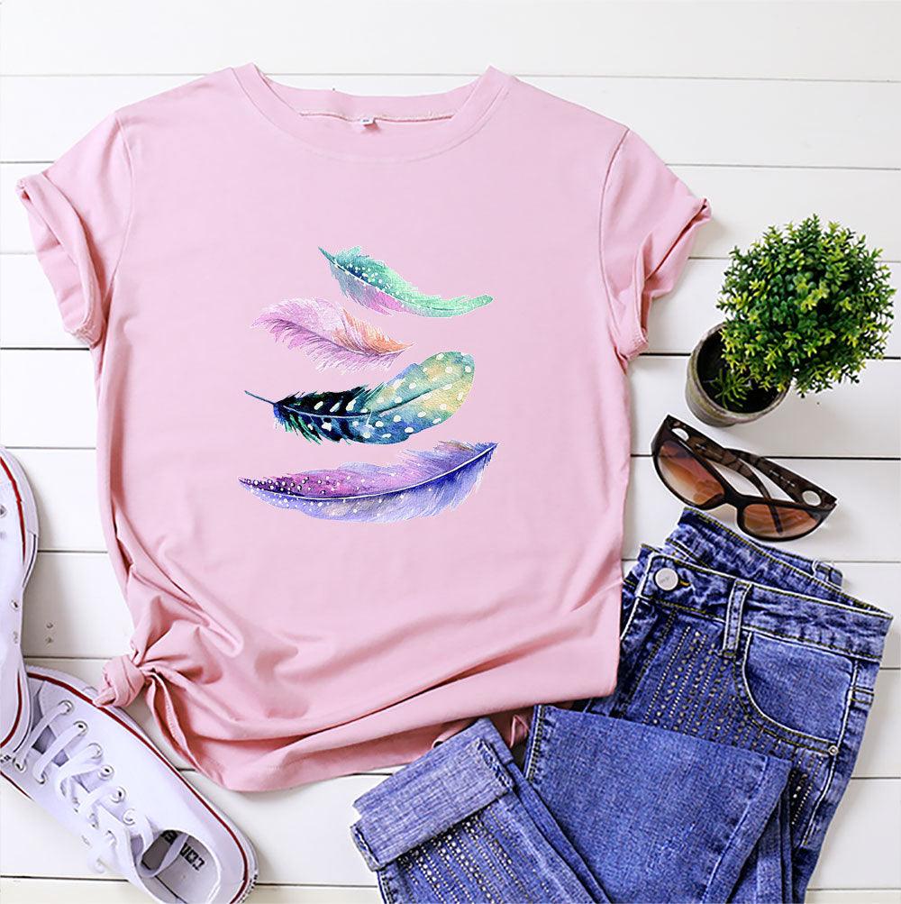 European And American Color Feather Printed Cotton Short-sleeved T-shirt - Nioor