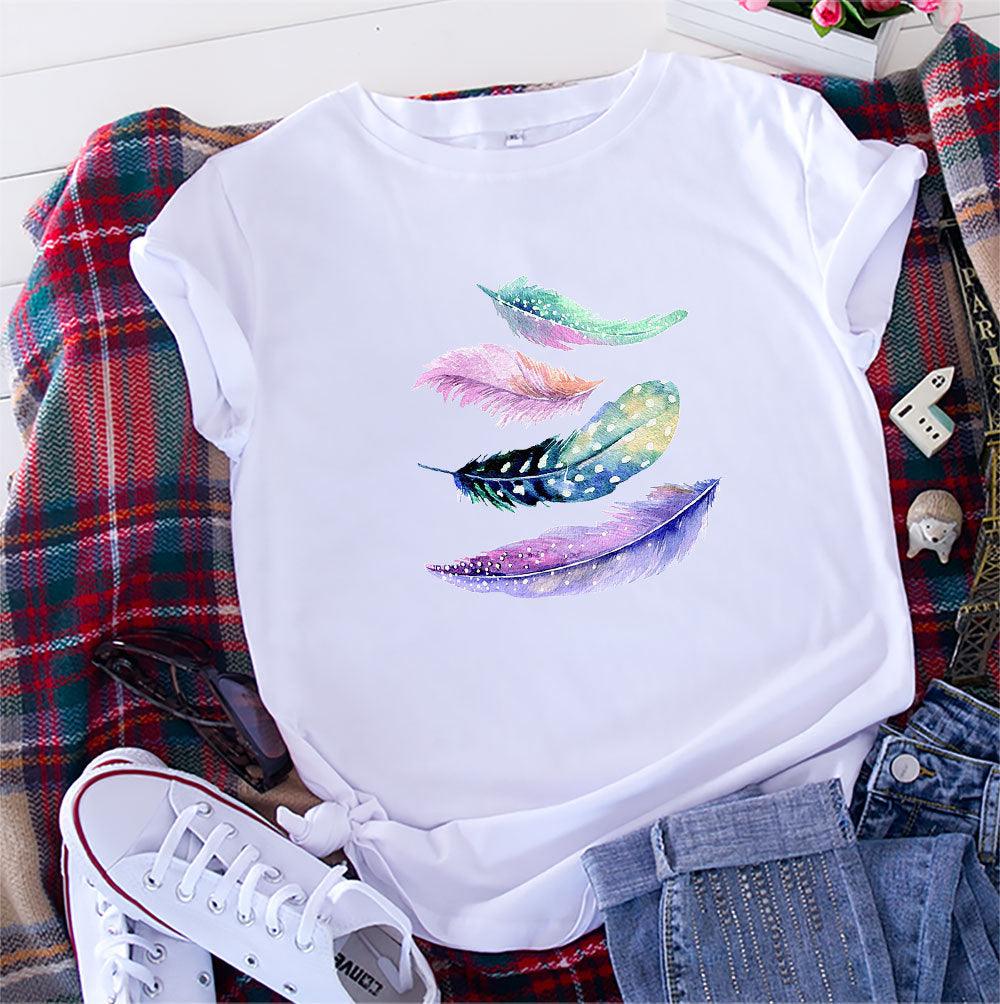 European And American Color Feather Printed Cotton Short-sleeved T-shirt - Nioor