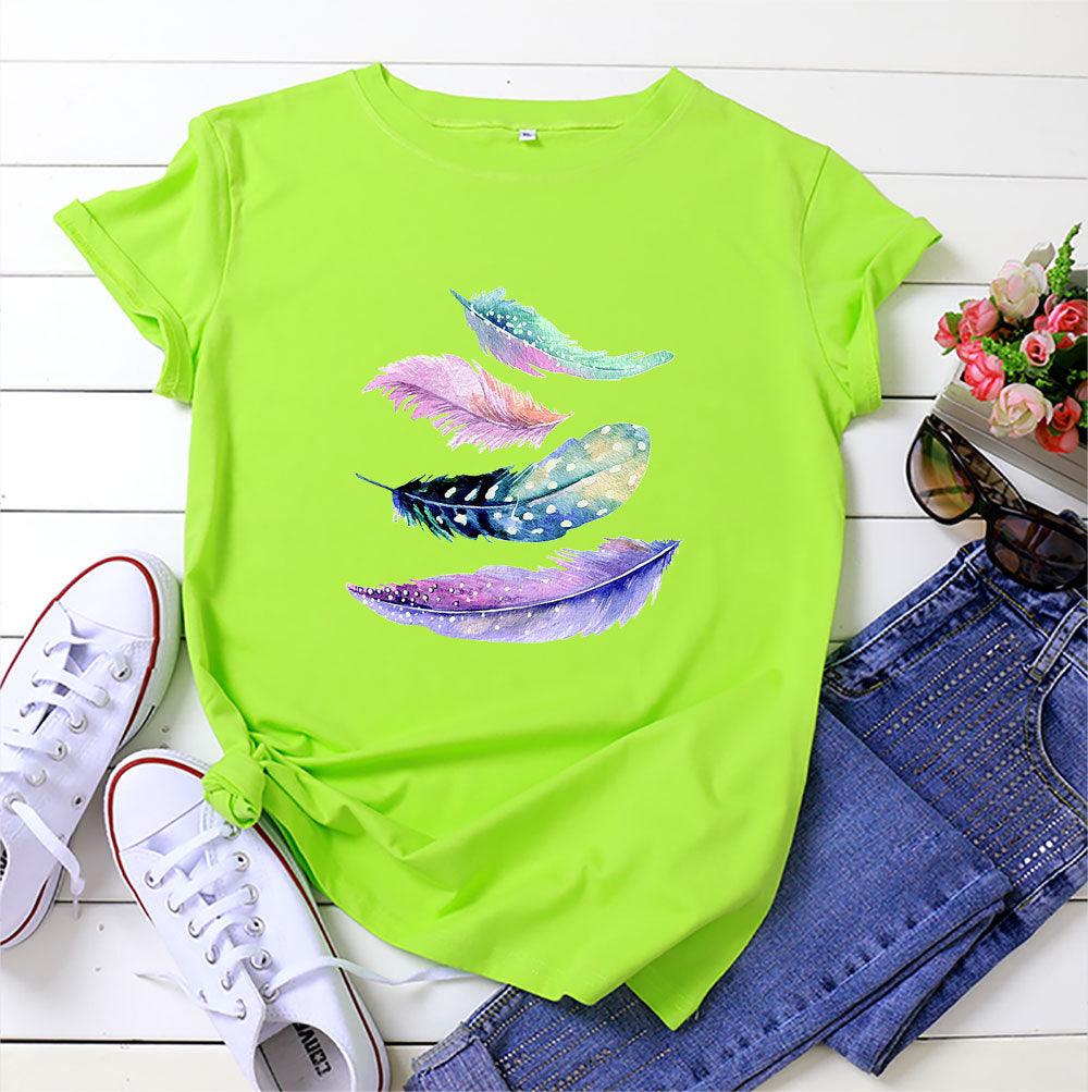 European And American Color Feather Printed Cotton Short-sleeved T-shirt - Nioor