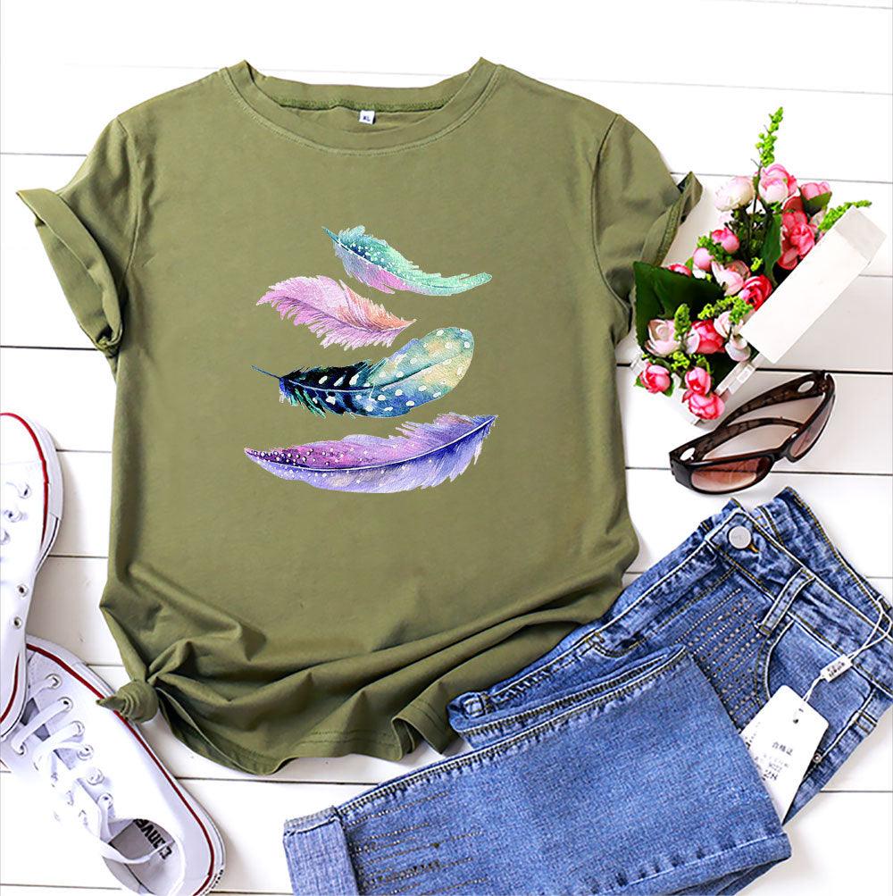 European And American Color Feather Printed Cotton Short-sleeved T-shirt - Nioor