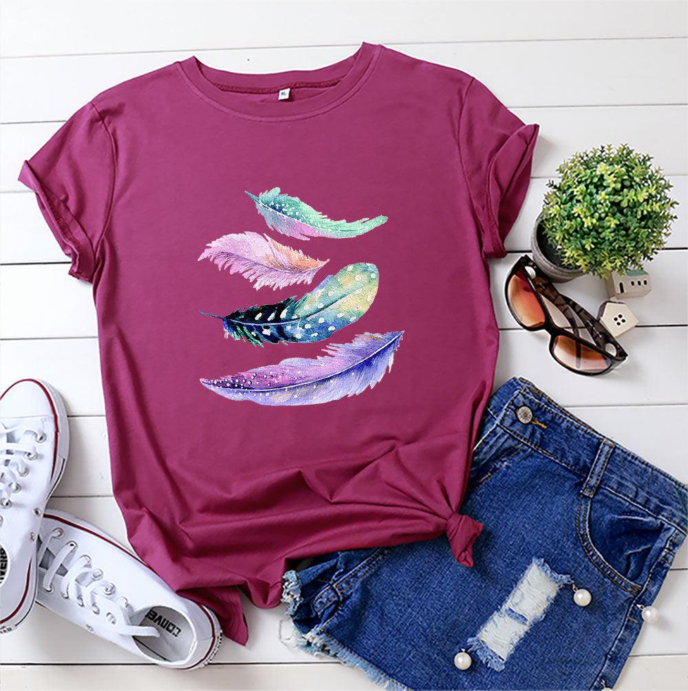 European And American Color Feather Printed Cotton Short-sleeved T-shirt - Nioor