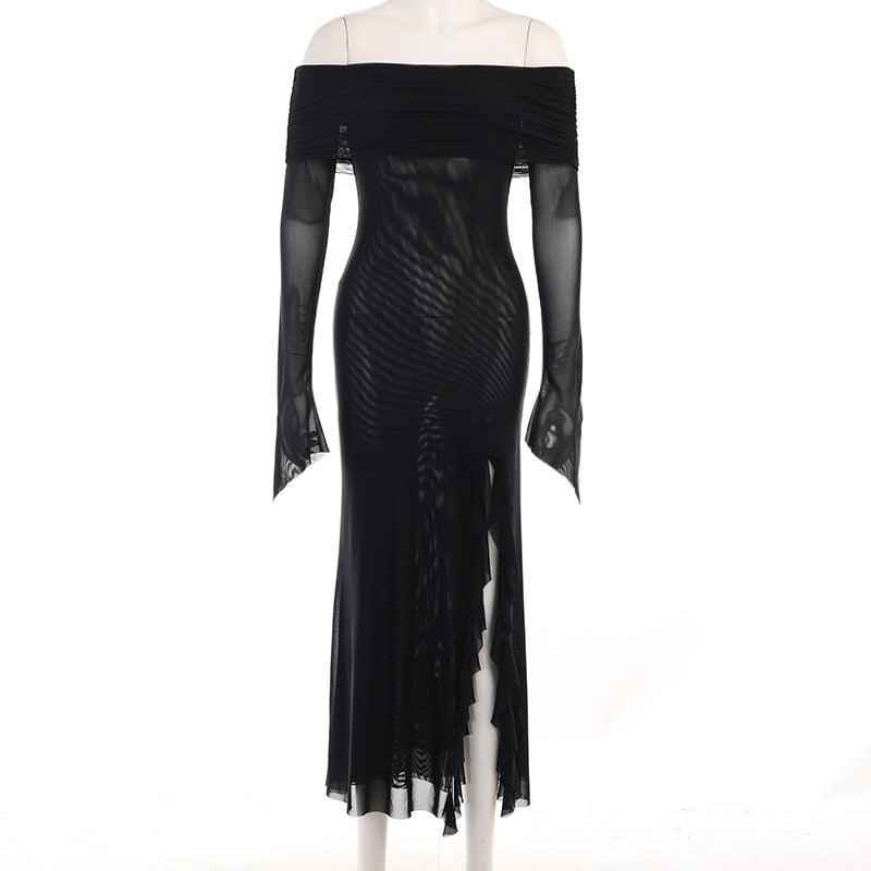 European And American Dark Style Trendy Slim-fit Off-shoulder Mesh Long Dress - Nioor