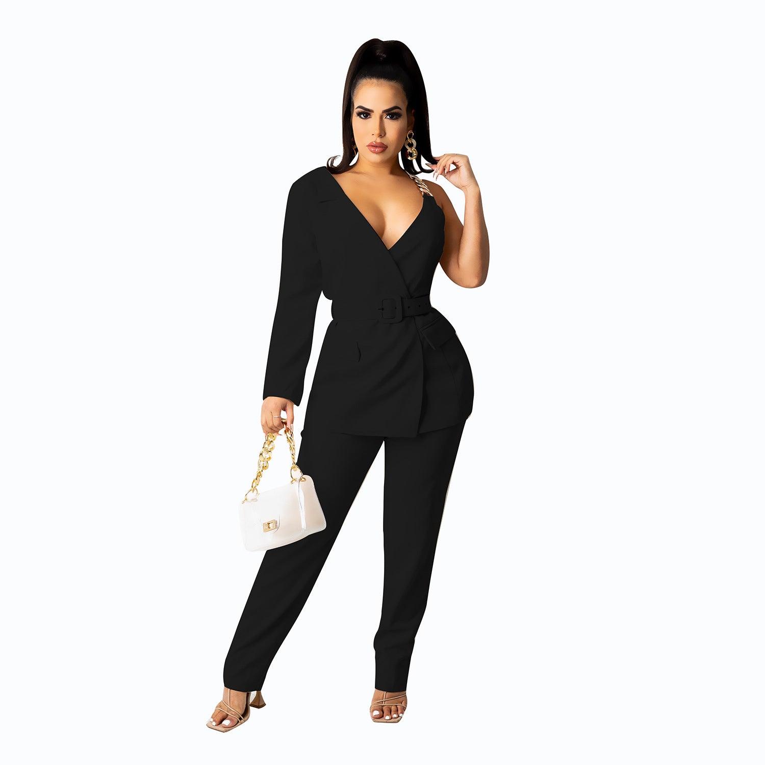 European And American Fashion Invisible Snap Single-side Sleeve Chain Belt Suit Two-piece Suit - Nioor