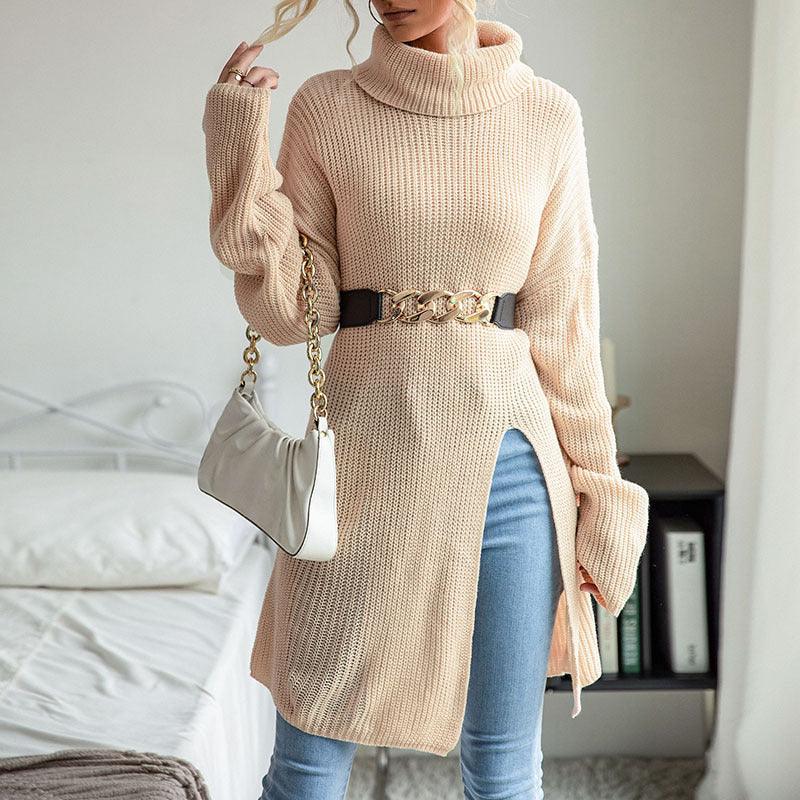 European And American Fashion Women's Wear Pure Color Split Long Sleeve High Collar Sweater Dress - Nioor