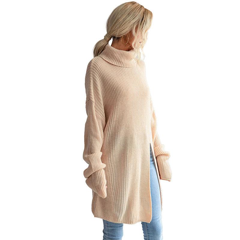 European And American Fashion Women's Wear Pure Color Split Long Sleeve High Collar Sweater Dress - Nioor