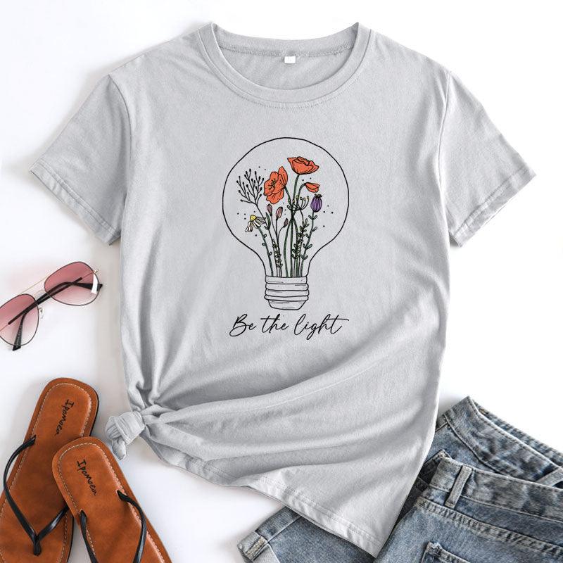 European And American Flower Light Letter Fashion Round Neck Short Sleeves T-shirt - Nioor