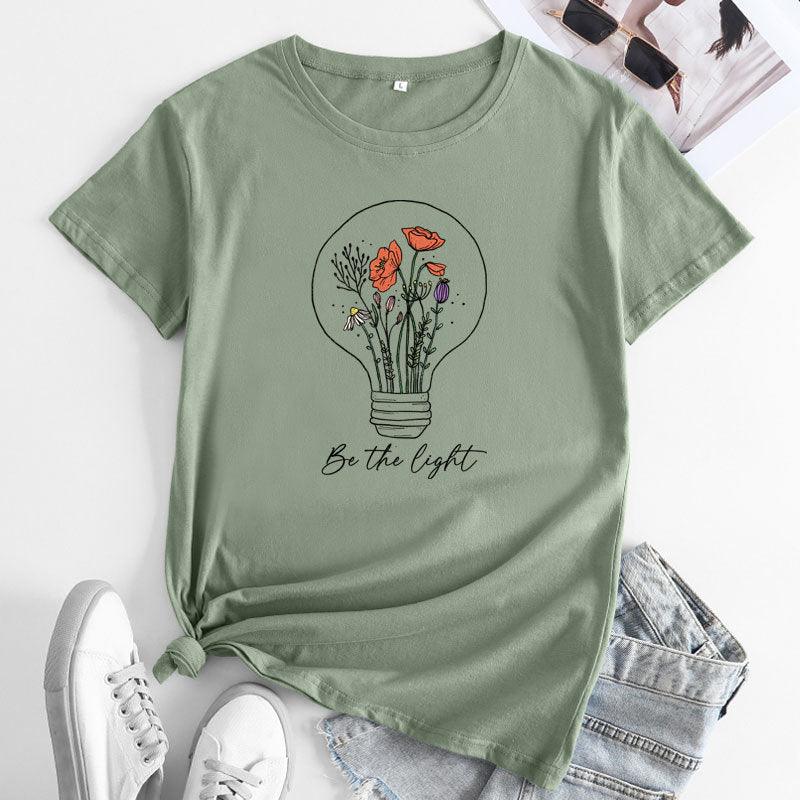 European And American Flower Light Letter Fashion Round Neck Short Sleeves T-shirt - Nioor