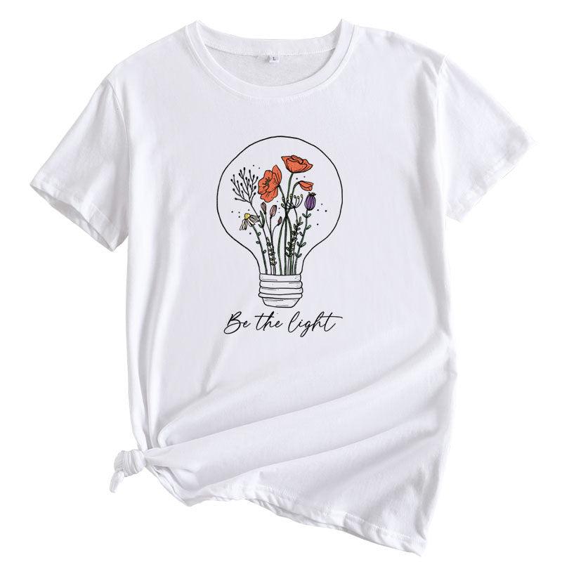 European And American Flower Light Letter Fashion Round Neck Short Sleeves T-shirt - Nioor