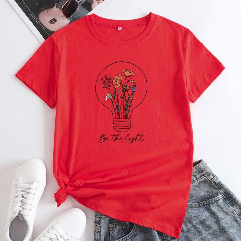 European And American Flower Light Letter Fashion Round Neck Short Sleeves T-shirt - Nioor